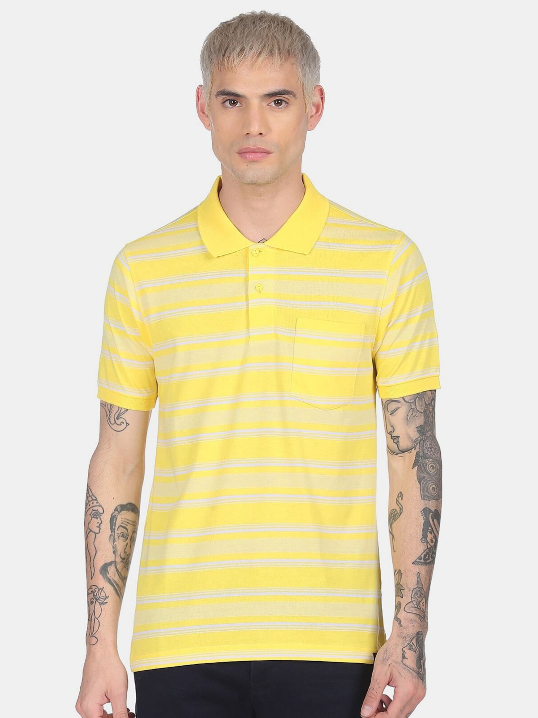 

Ruggers Men Yellow & White Striped Polo Collar T-shirt