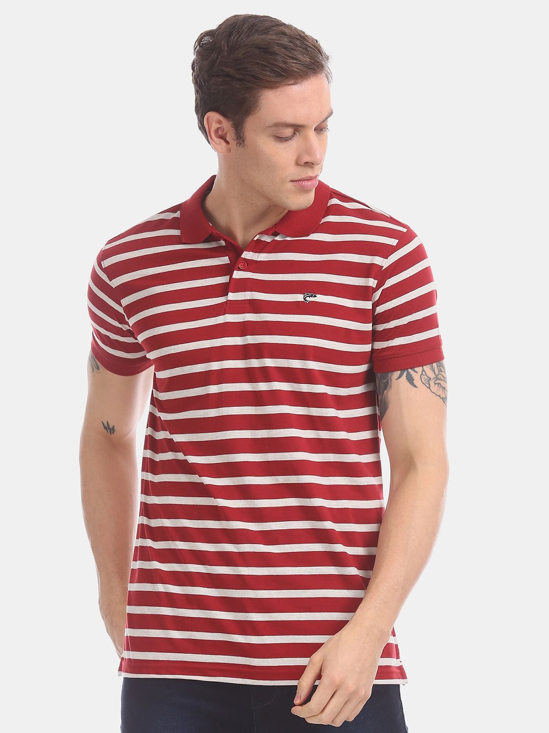 

Ruggers Men Red & White Striped Polo Collar T-shirt
