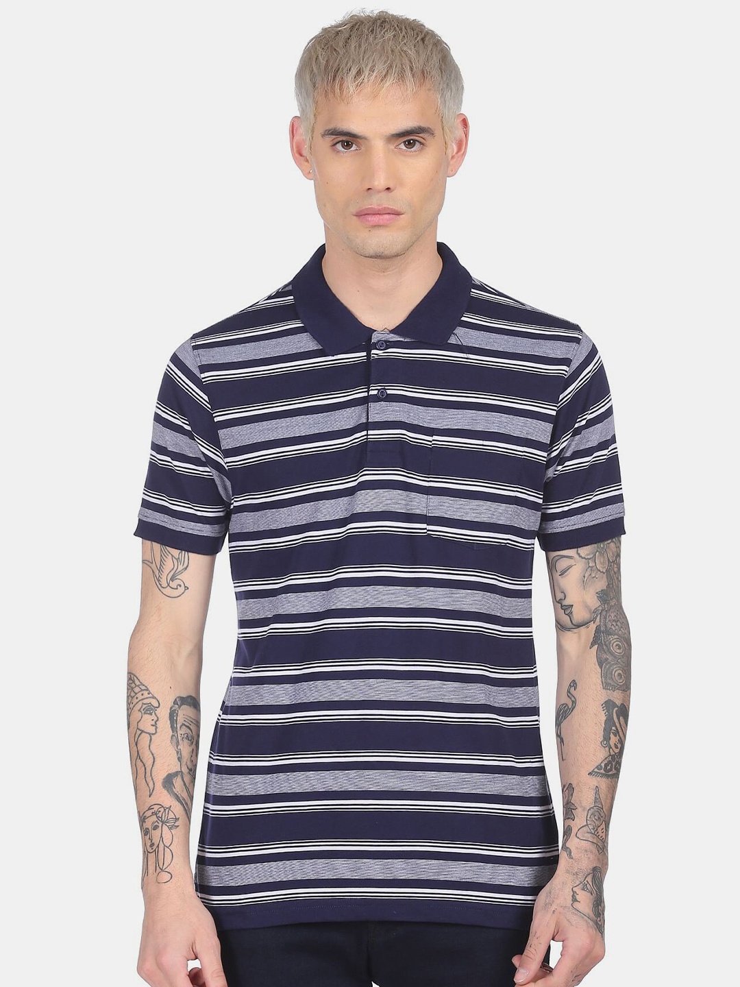 

Ruggers Men Blue & White Striped Polo Collar T-shirt