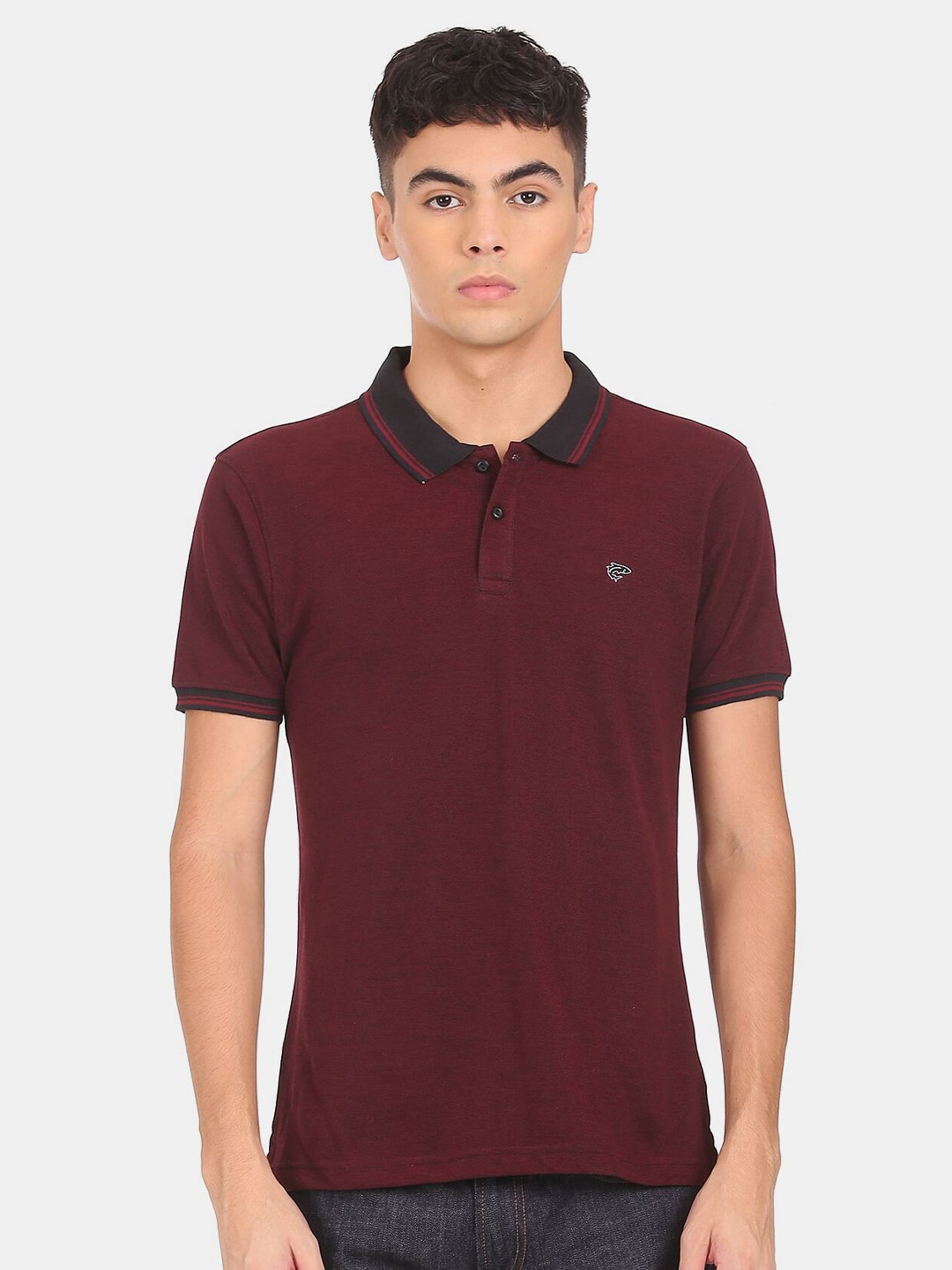 

Ruggers Men Burgundy Solid Polo Collar Cotton T-shirt