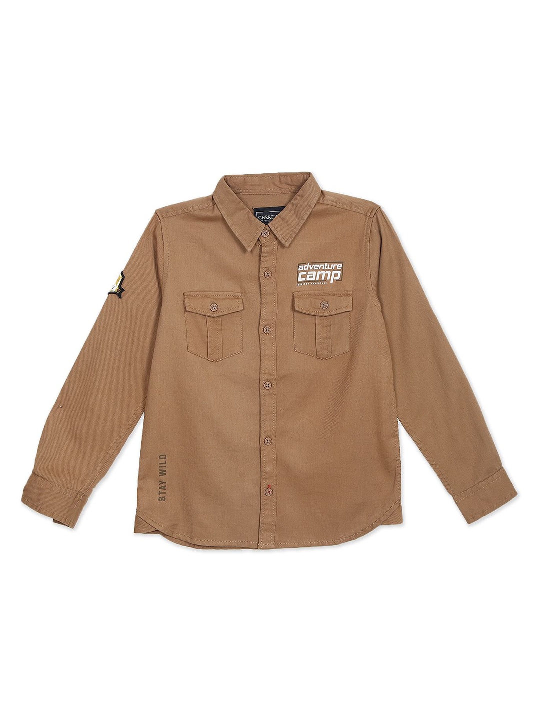 

Cherokee Boys Khaki Solid Applique Cotton Casual Shirt