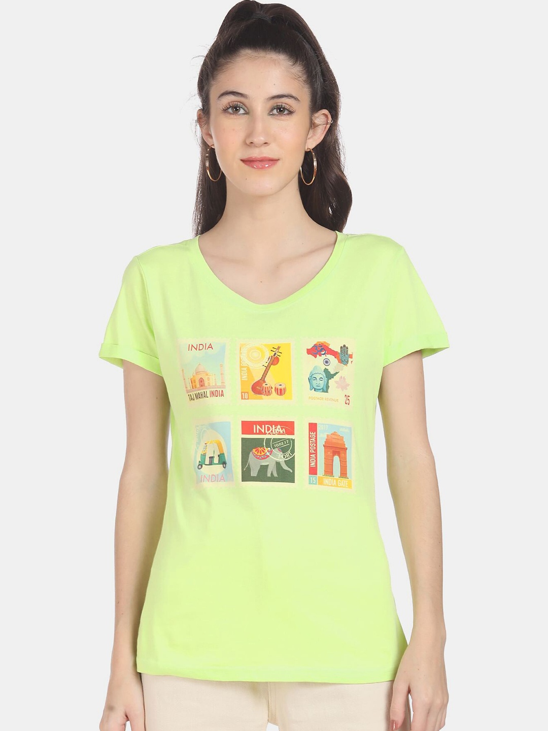 

Sugr Women Green Graphic Printed Pure Cotton Casual T-shirt