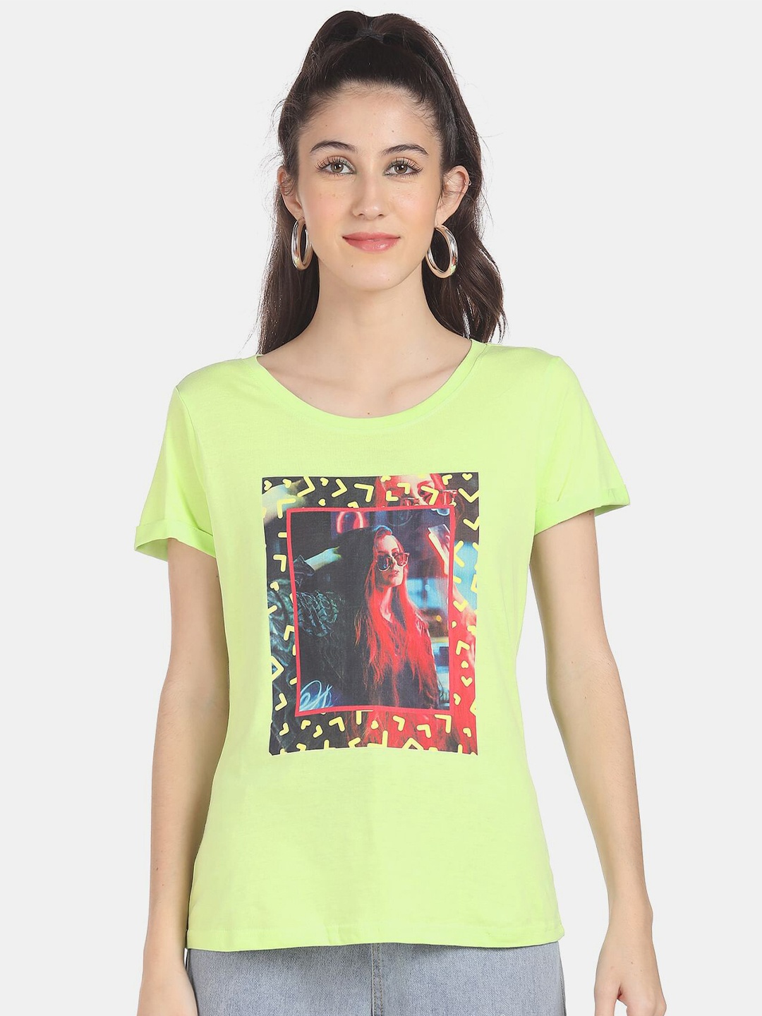

Sugr Women Lime Green & Black Printed Pure Cotton T-shirt