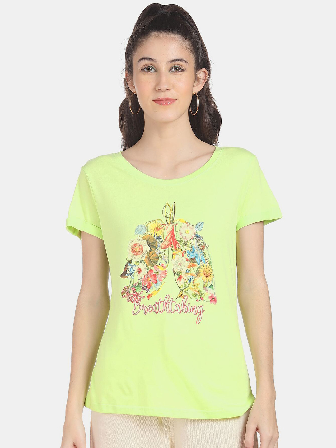 

Sugr Women Green Printed Cotton T-shirt