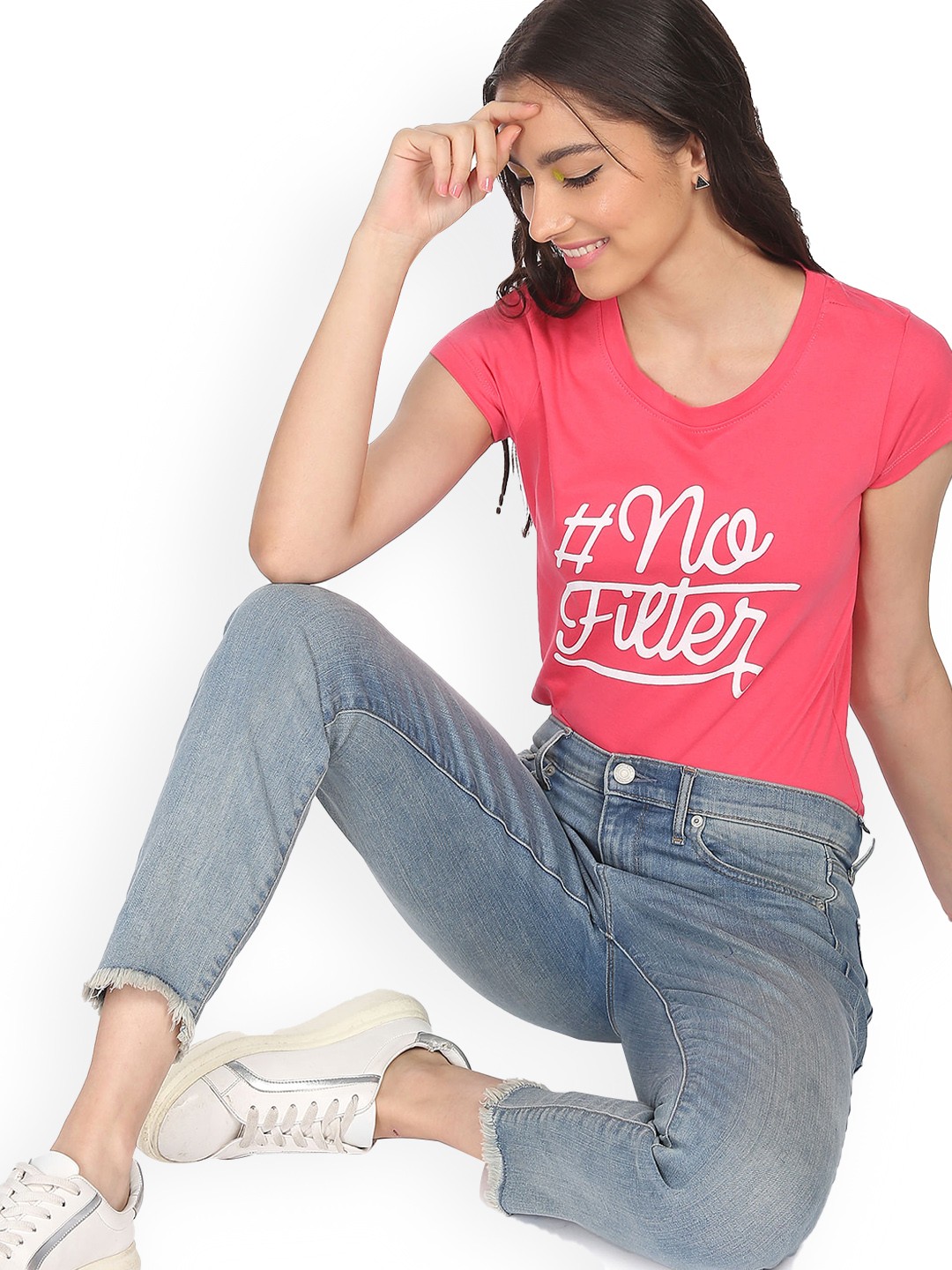

Sugr Women Pink Typography Printed Round Neck Cotton T-shirt