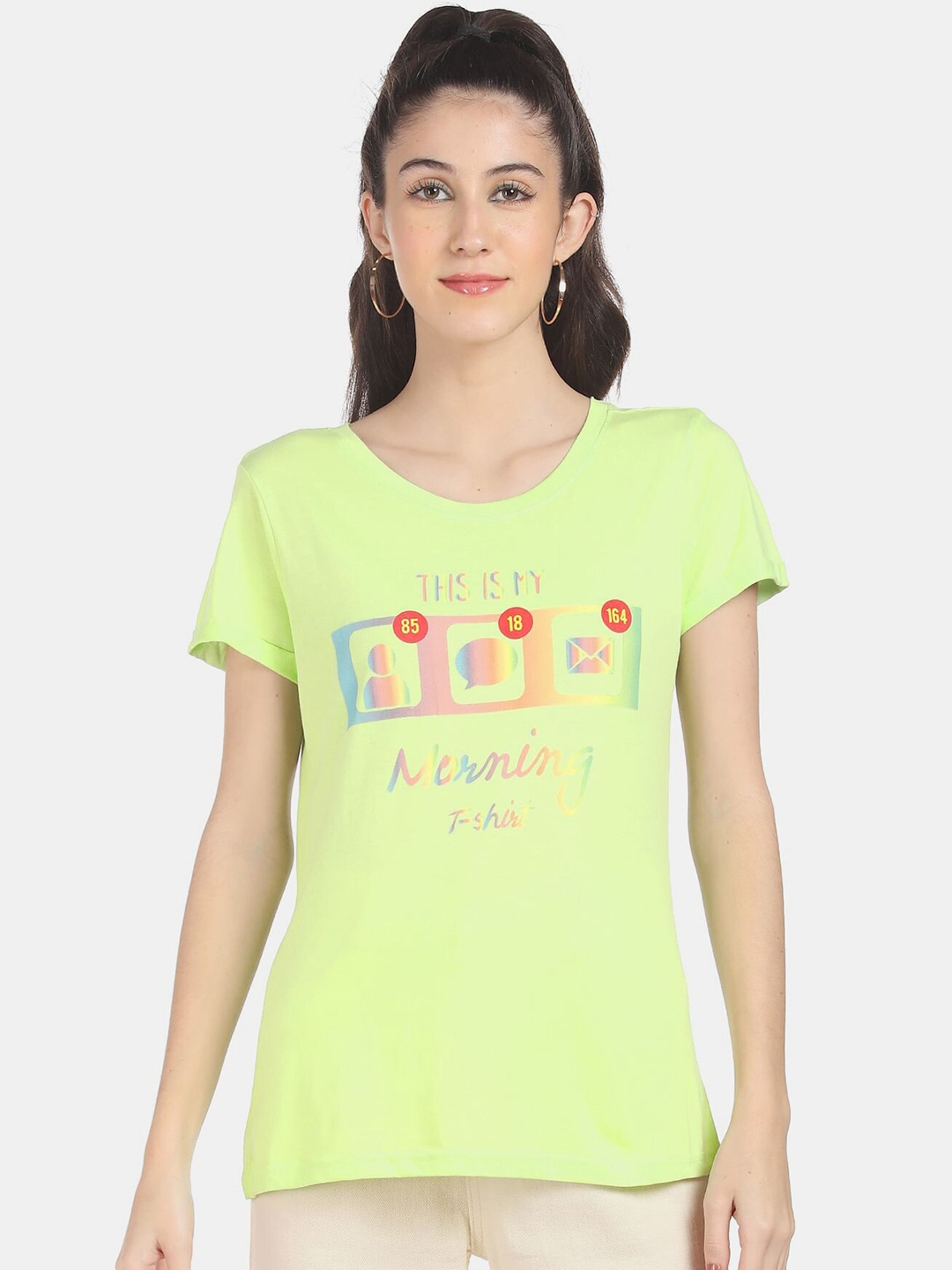 

Sugr Women Lime Green Printed Cotton T-shirt