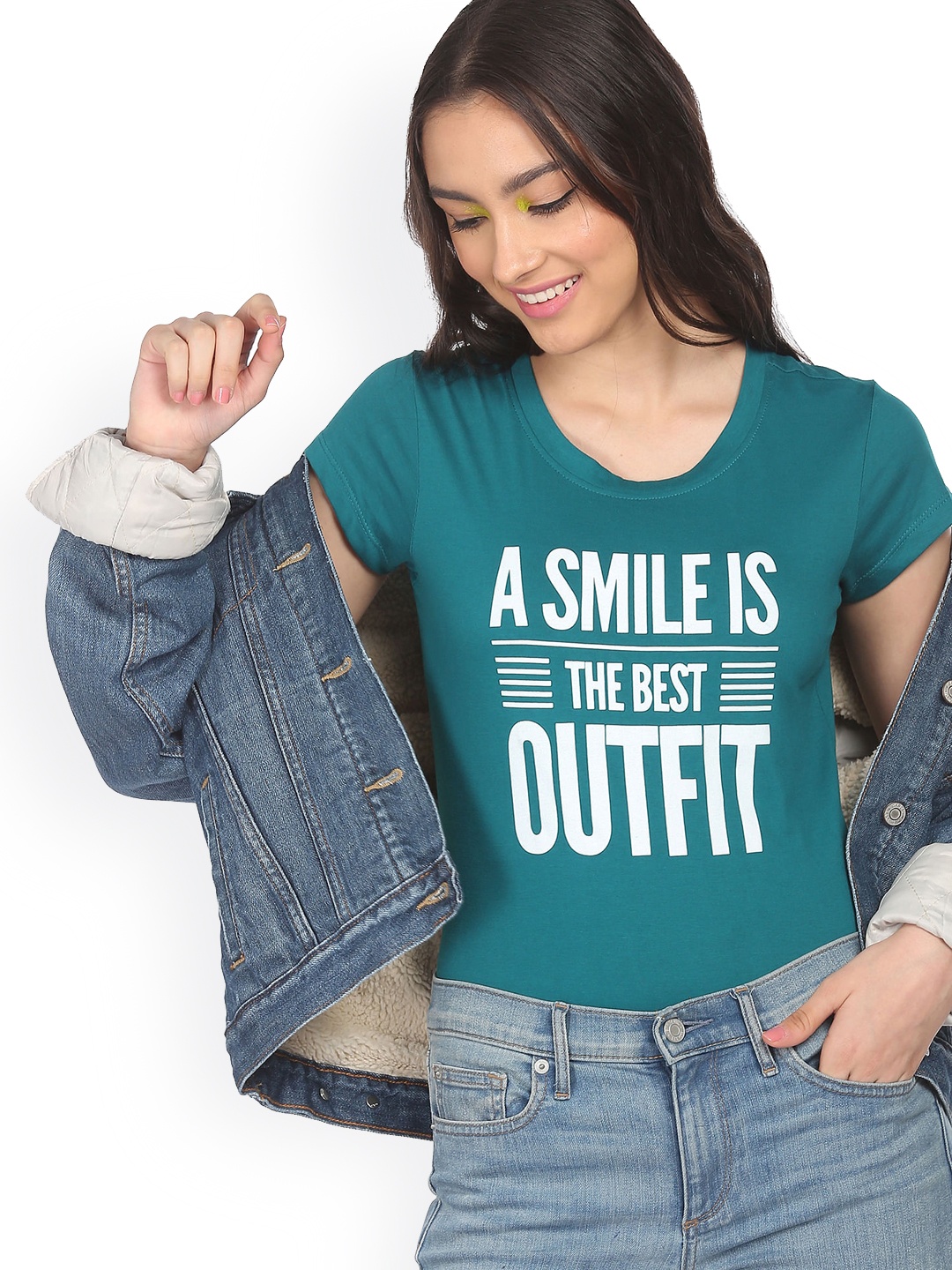 

Sugr Women Teal Blue Typography Printed T-shirt
