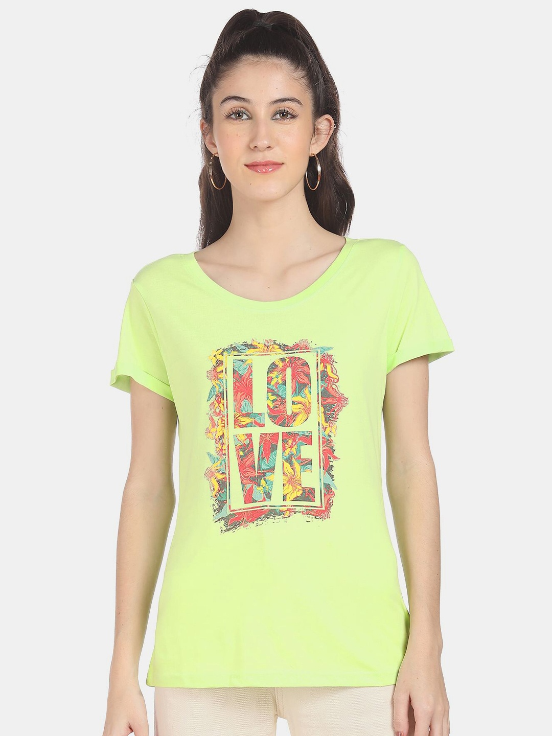 

Sugr Women Lime Green & Pink Typography Printed Pure Cotton T-shirt