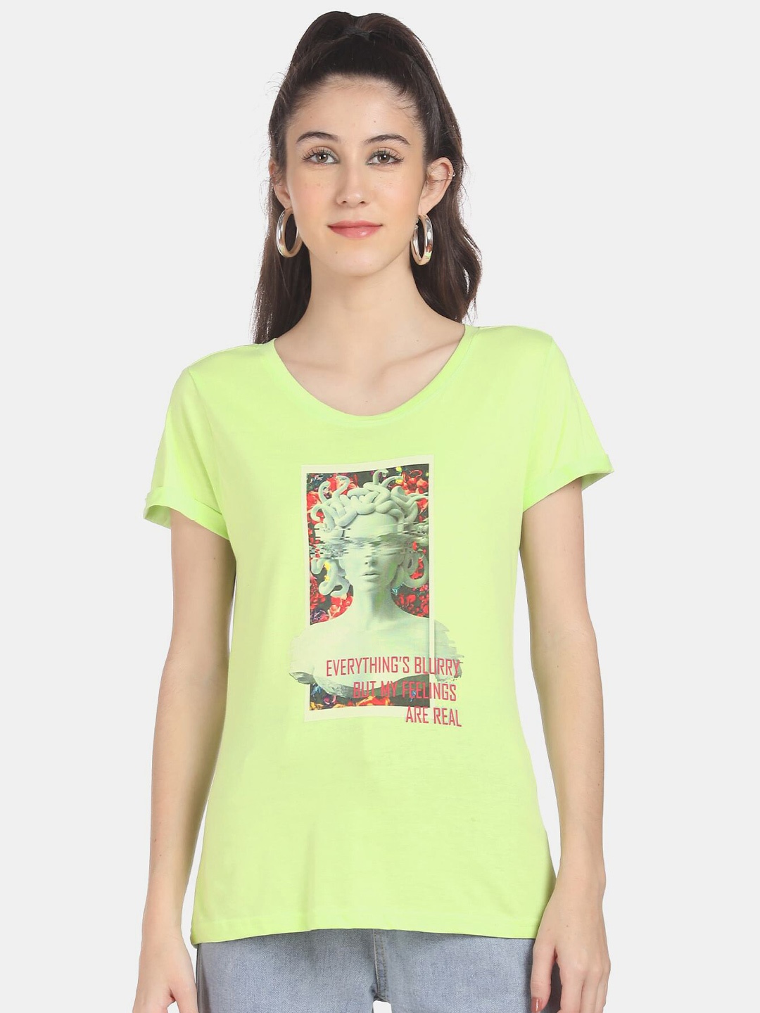 

Sugr Women Green Printed T-shirt