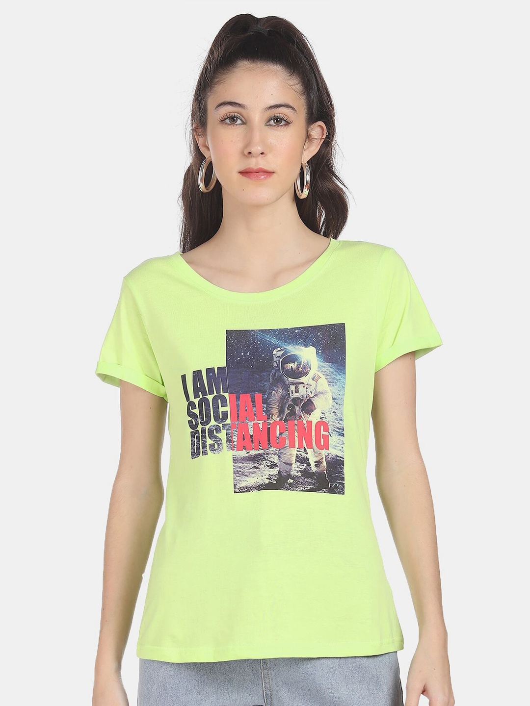 

Sugr Women Green Graphic Printed Cotton T-shirt