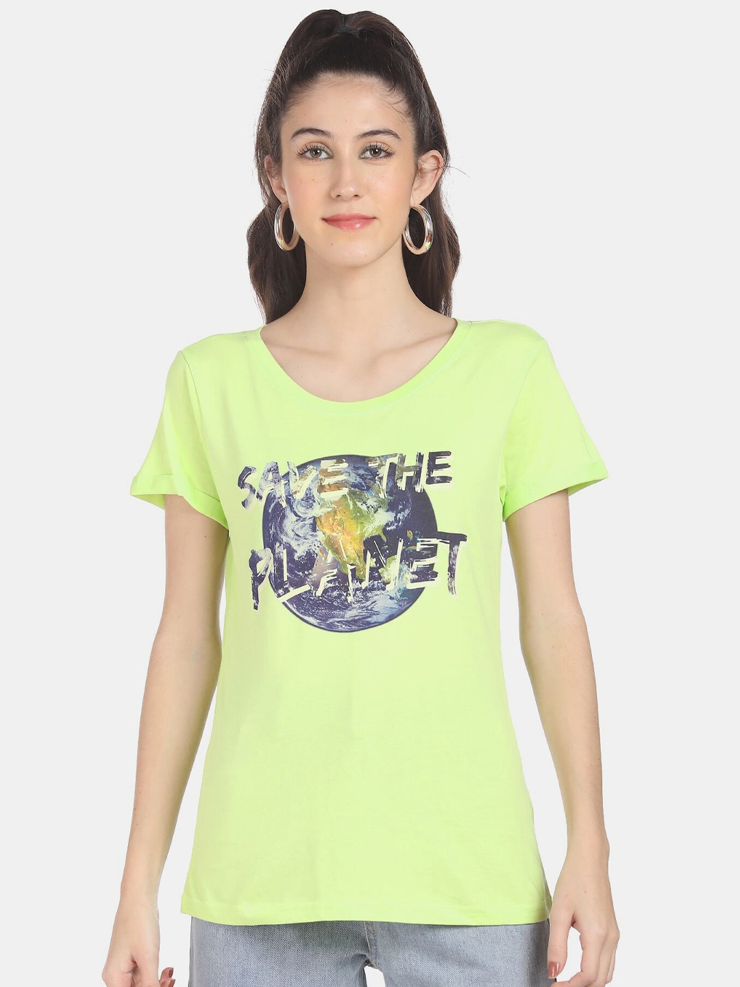 

Sugr Women Green & Blue Printed Cotton T-shirt