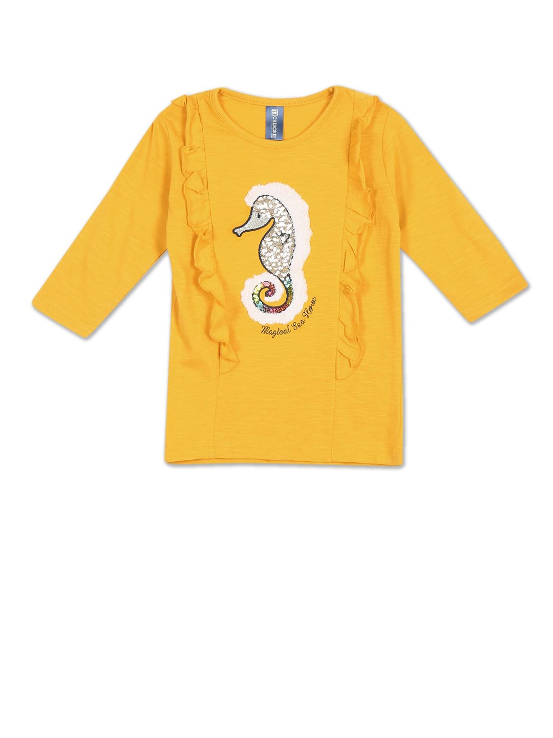 

Cherokee Girls Mustard Yellow & White Typography Printed T-shirt
