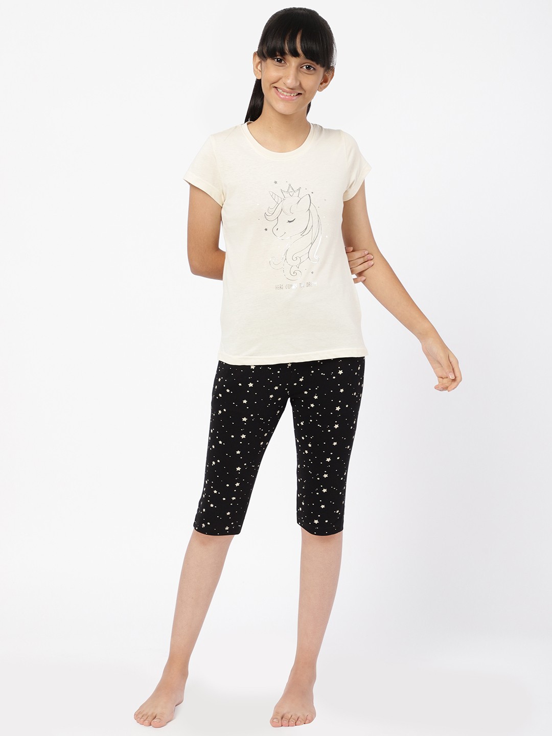 

Sweet Dreams Girls Beige & Black Printed Night suit