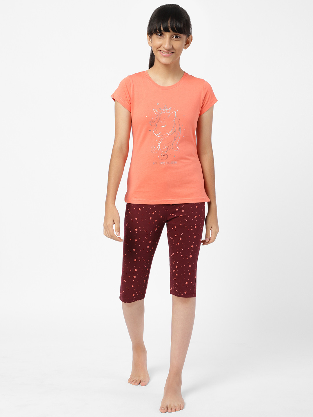 

Sweet Dreams Girls Peach-Coloured & Maroon Printed Night Suit
