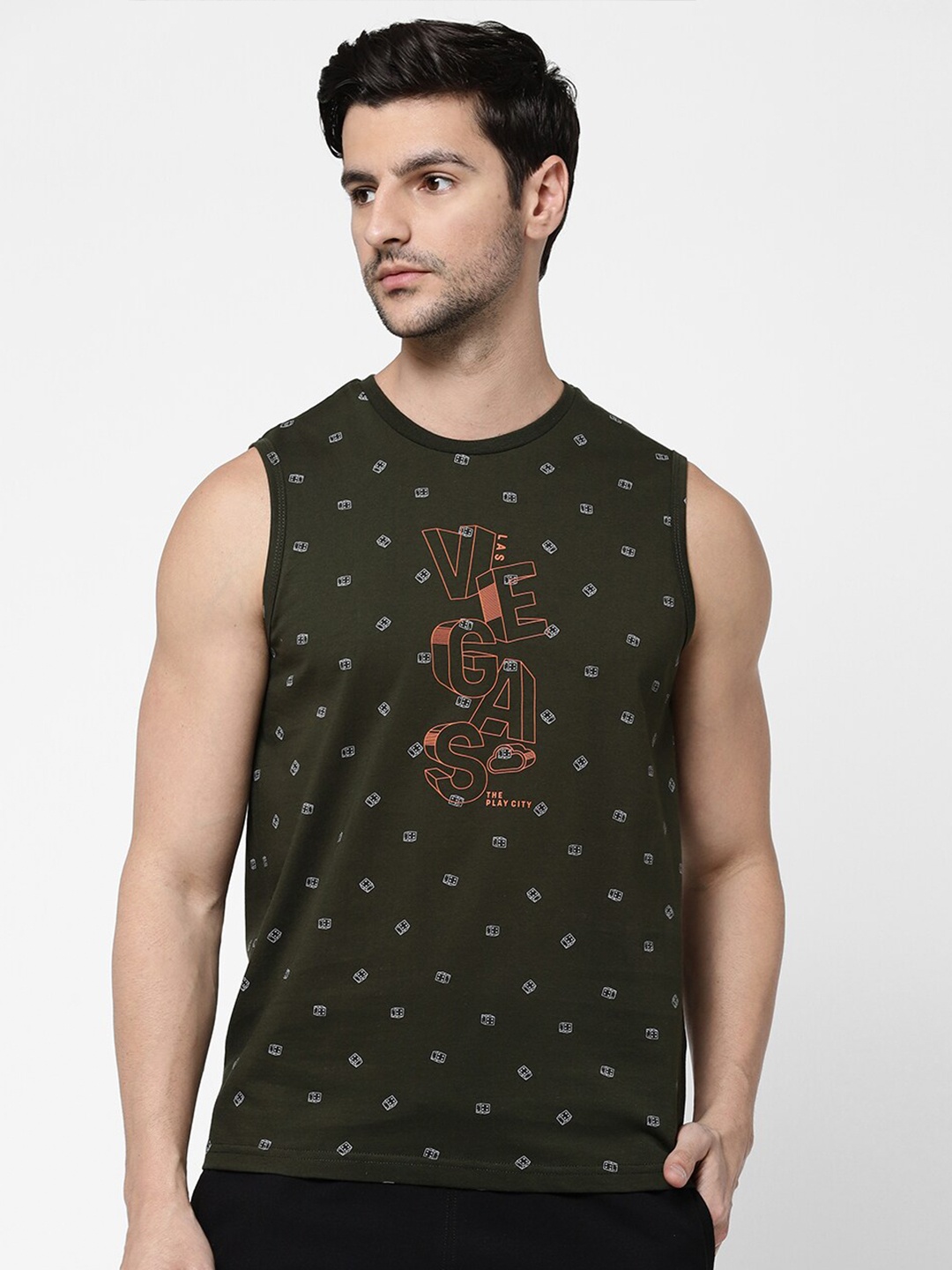 Sweet Dreams Men Olive Green & Orange Printed Cotton T-shirt
