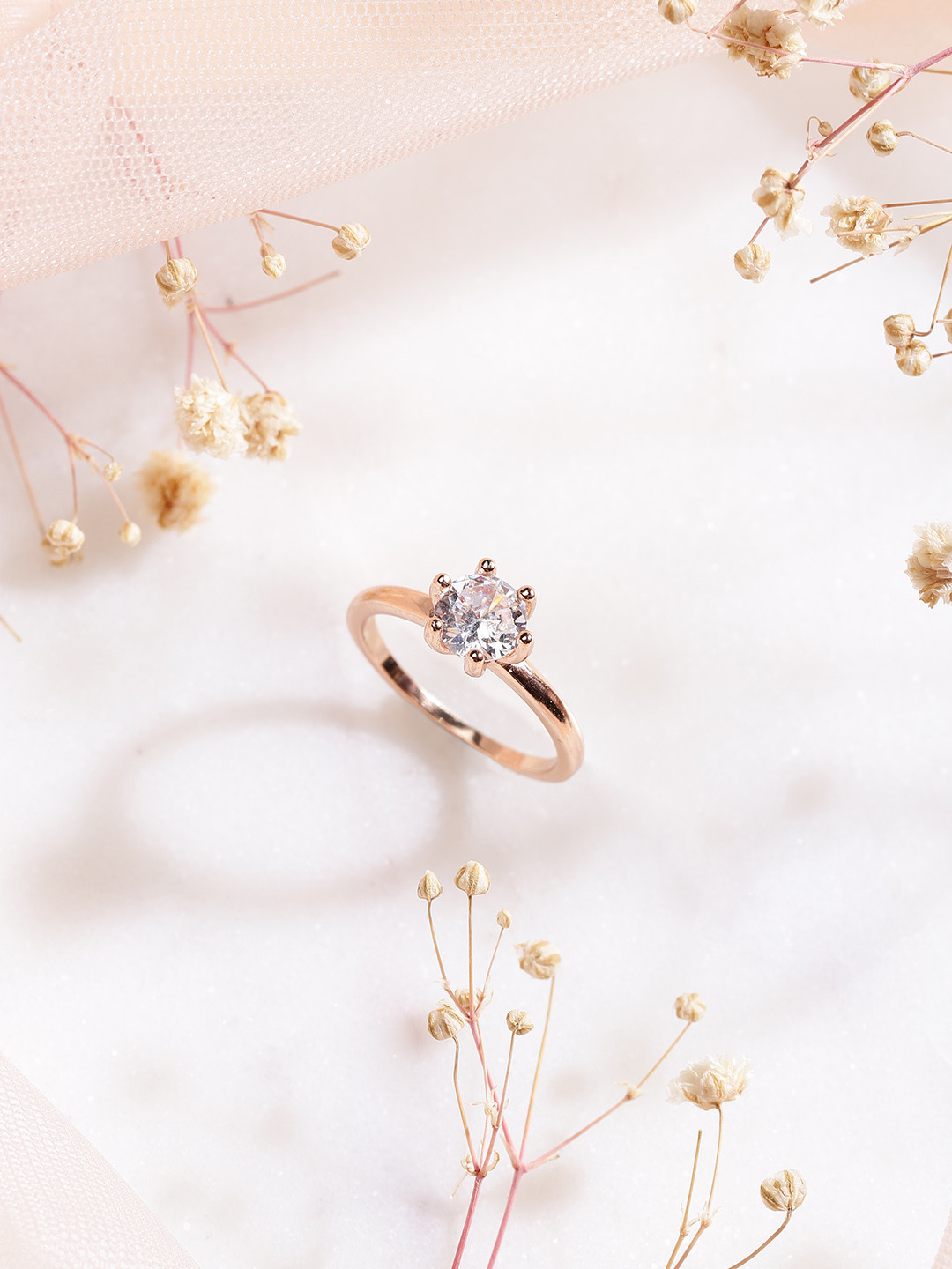 

Zavya Women 925 Sterling Silver Rose Gold-Plated & Pink CZ- Studded Finger Ring