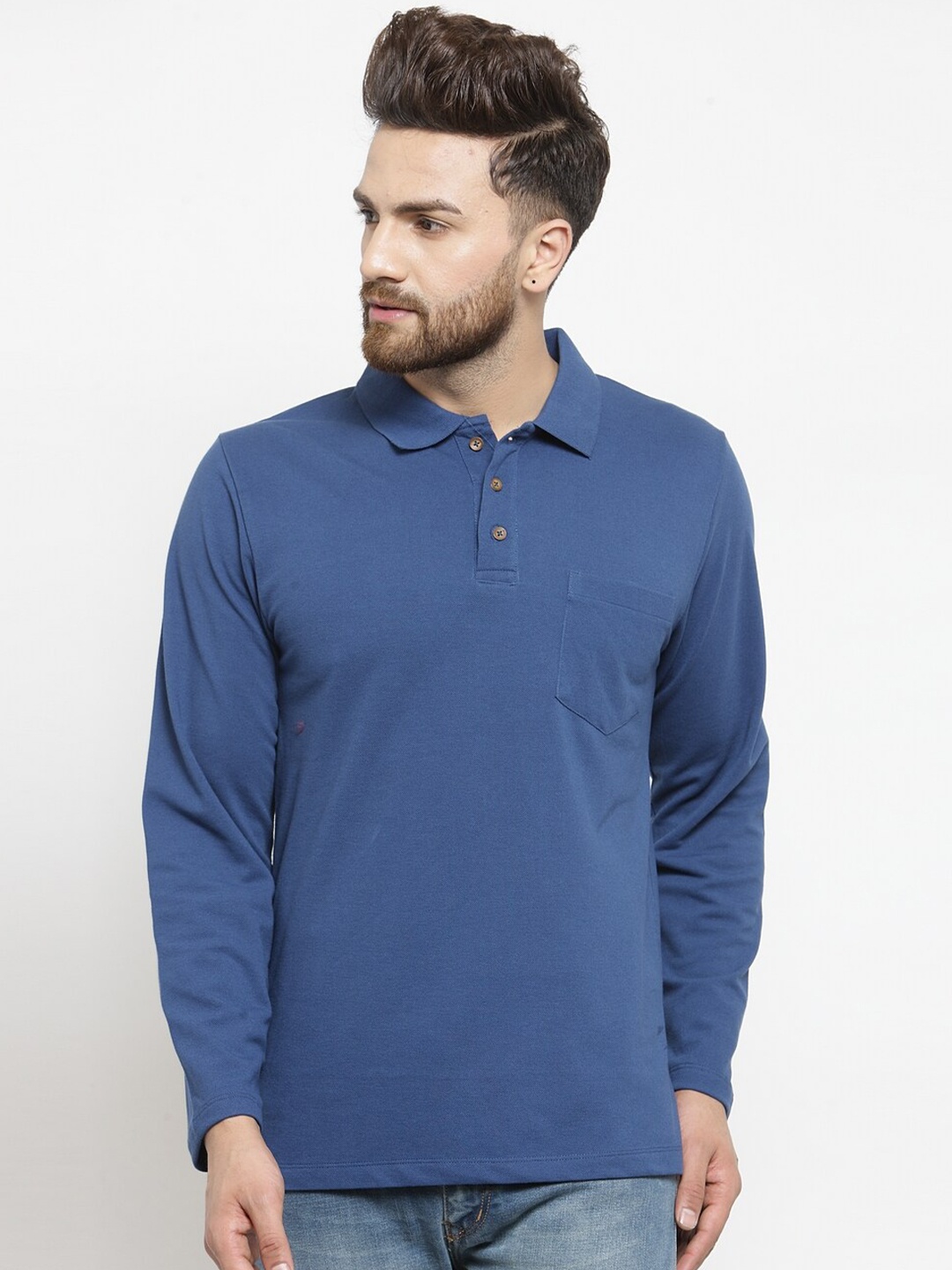 Kalt Men Blue Polo Collar Pockets T-shirt