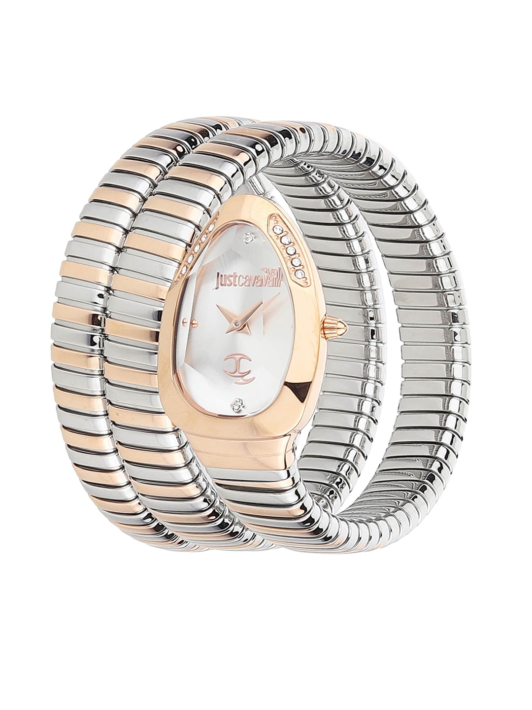 

Just Cavalli Women Silver-Toned Brass Dial & Rose Gold Toned Stainless Steel Wrap Around Straps Analogue Watch
