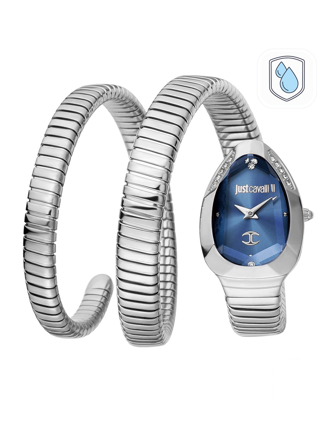 

Just Cavalli Women Blue Brass Dial Wrap Around Straps Analogue Watch - JC1L209M0025, Silver