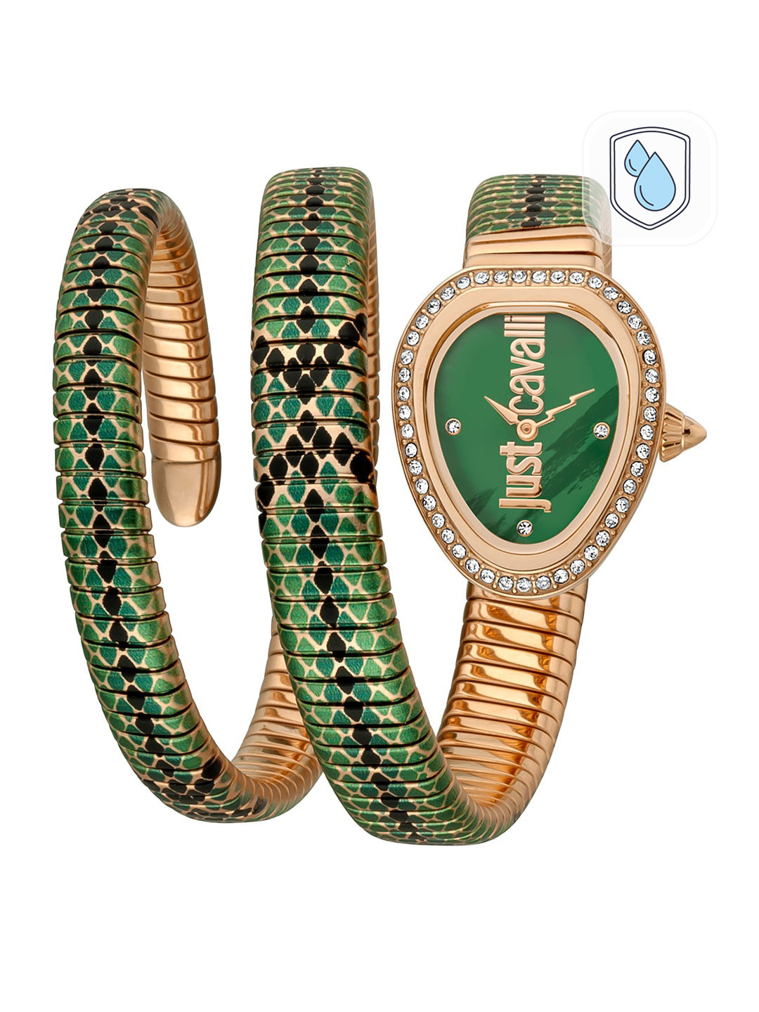 

Just Cavalli Women Green Brass Embellished Dial & Rose Gold Toned Stainless Steel Bracelet Style Straps Watch