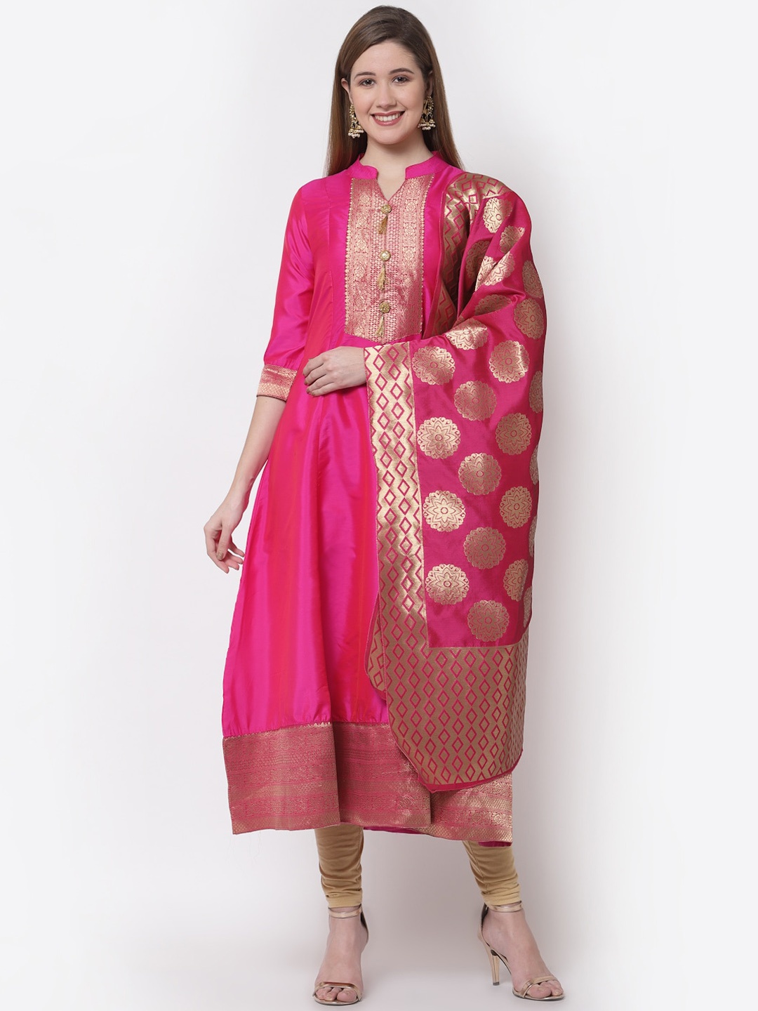 

Myshka Women Pink & Gold-Toned Ethnic Motifs Printed Silk Kurta