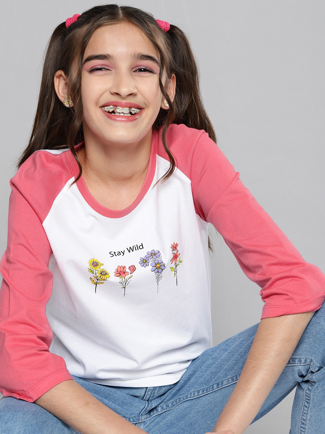 

JUSTICE Girls White & Pink Floral Colourblocked Pure Cotton T-shirt