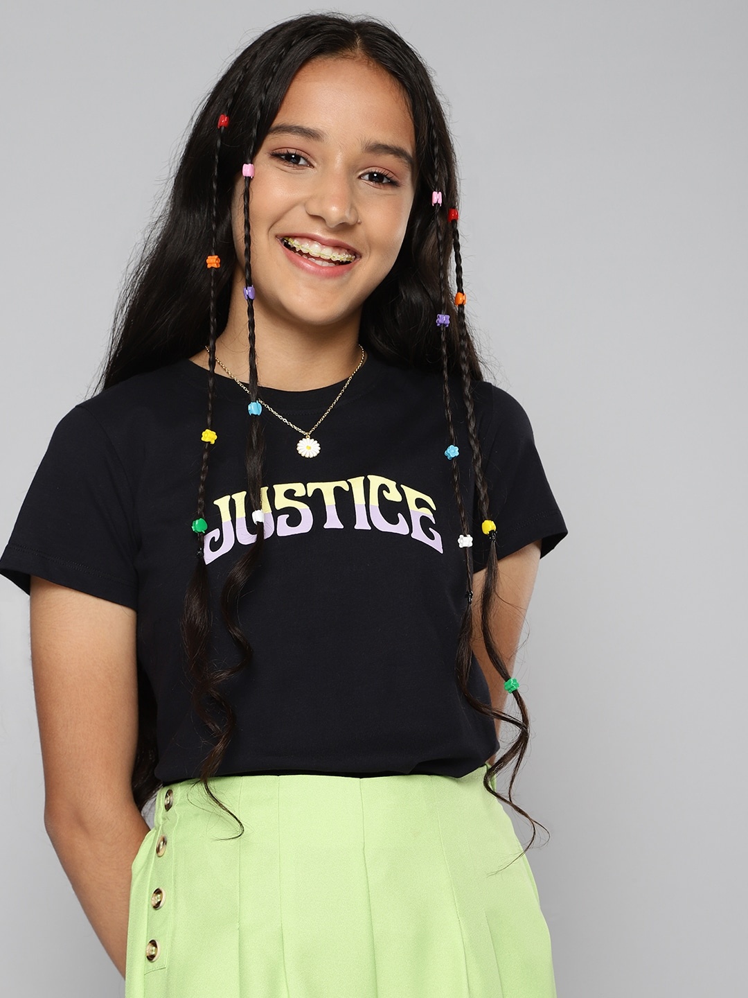 

JUSTICE Girls Black Brand Logo Print Round Neck Regular Sleeves Pure Cotton T-shirt
