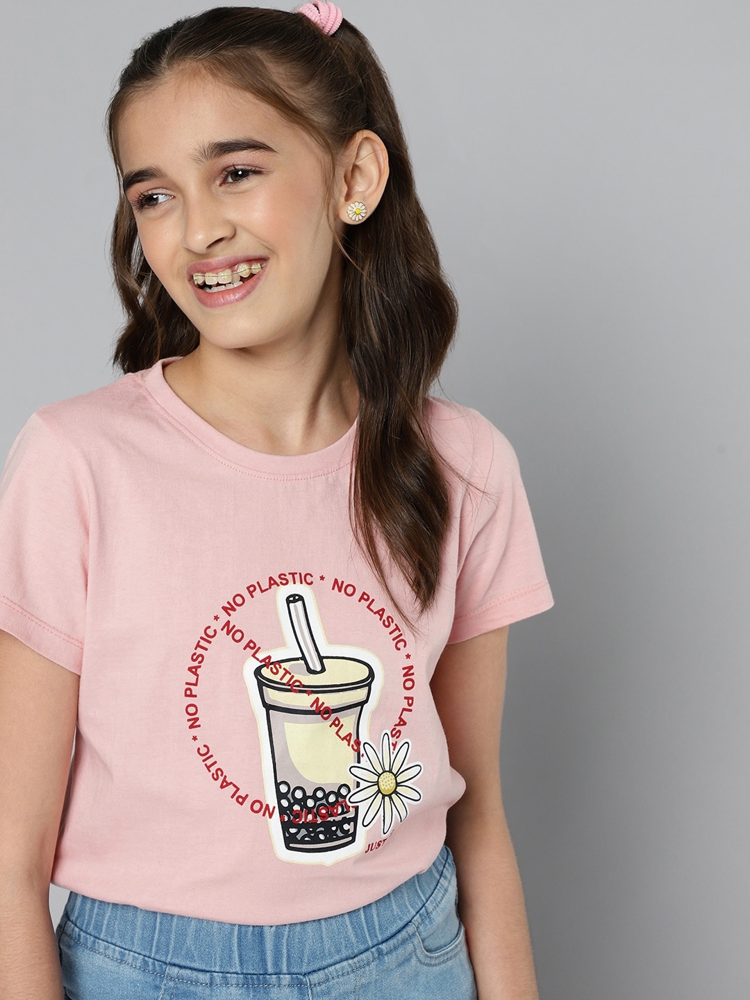 

JUSTICE Girls Pink Printed Pure Cotton T-shirt