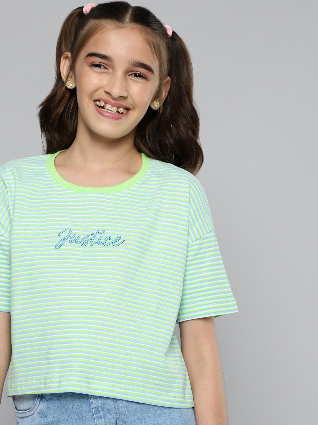 

JUSTICE Girls Green Striped Brand Logo Printed Pure Cotton T-shirt