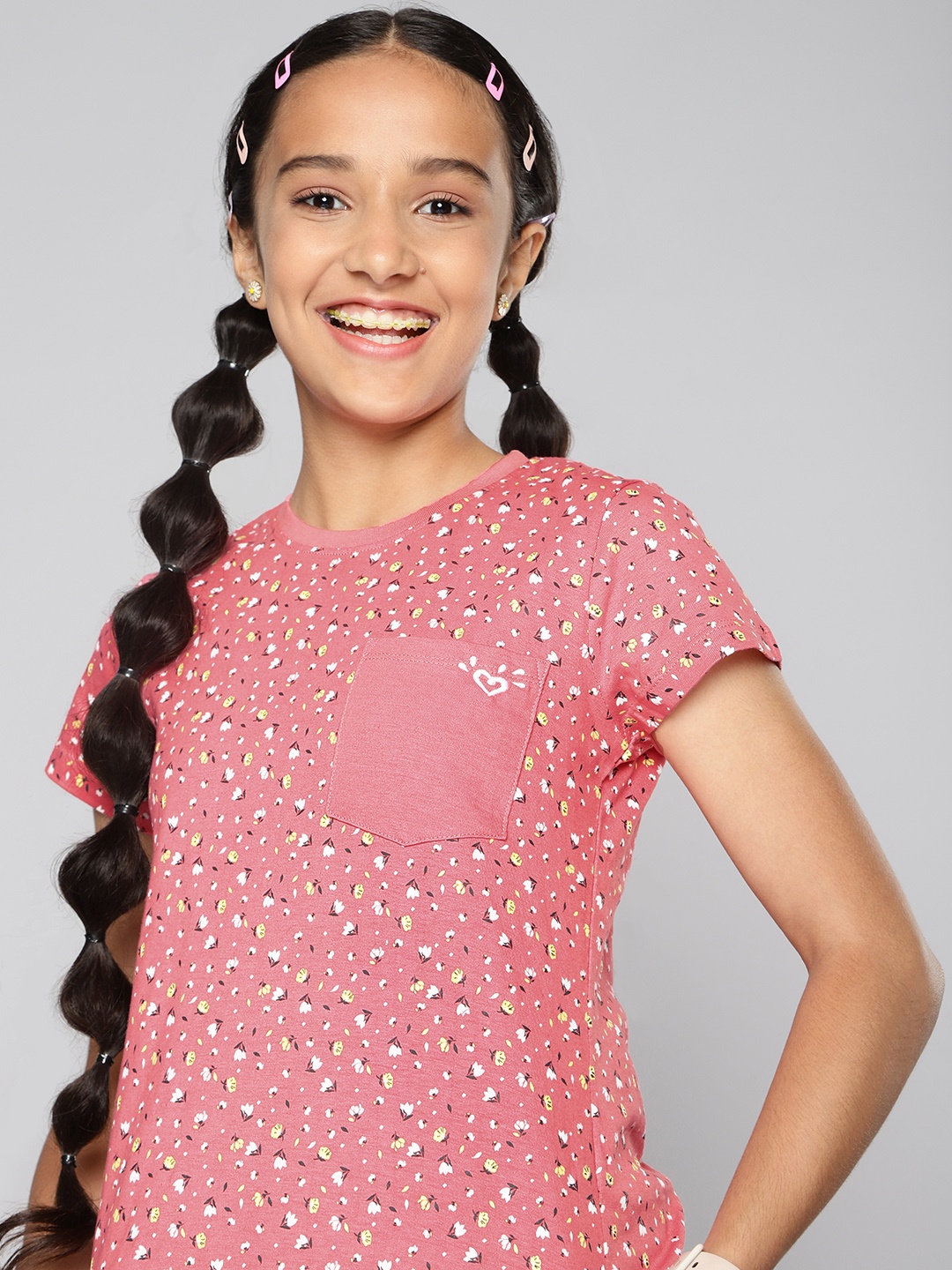 

JUSTICE Girls Coral Pink Floral Printed Pure Cotton T-shirt