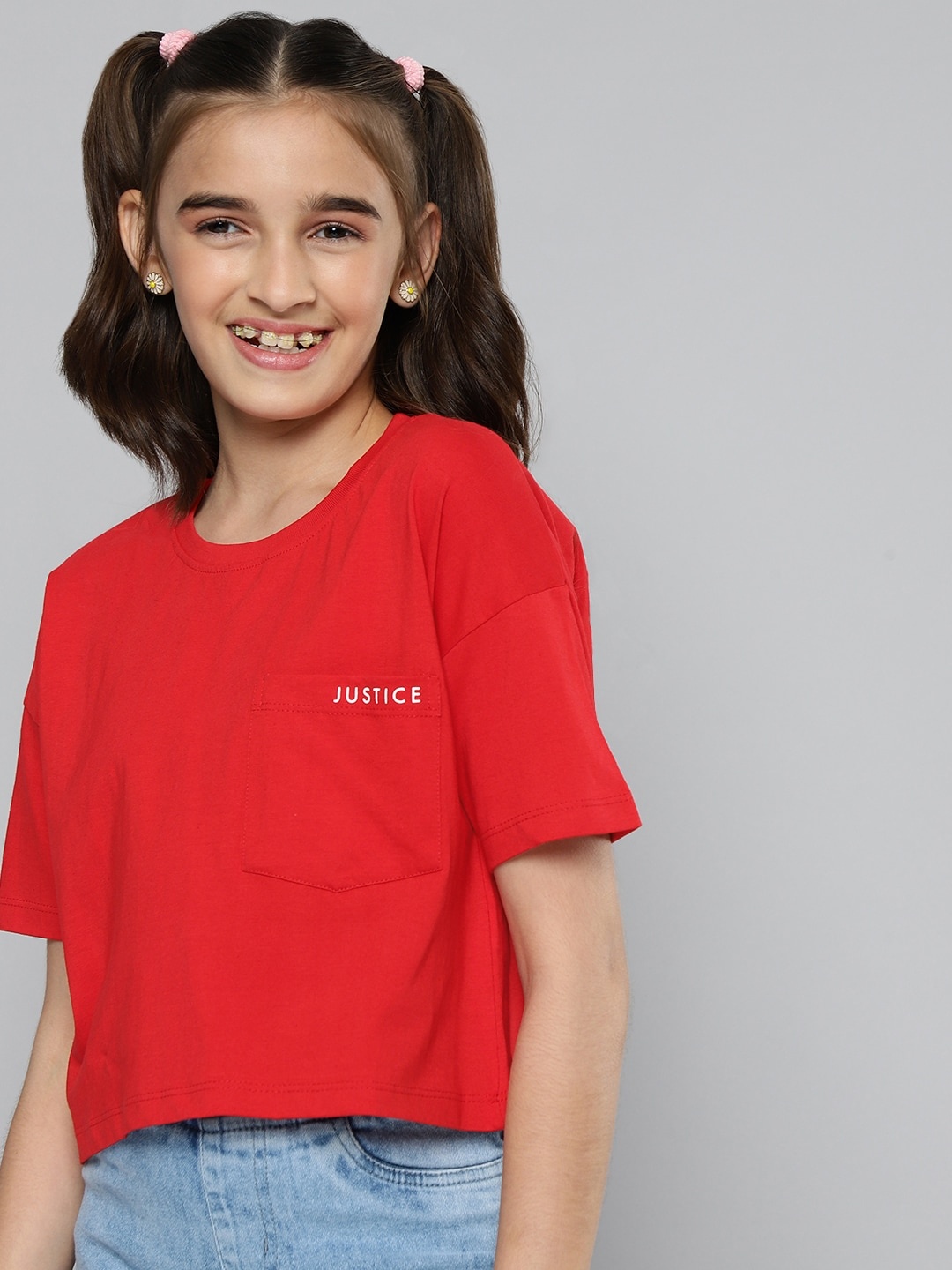 

JUSTICE Girls Red Solid Pure Cotton T-shirt