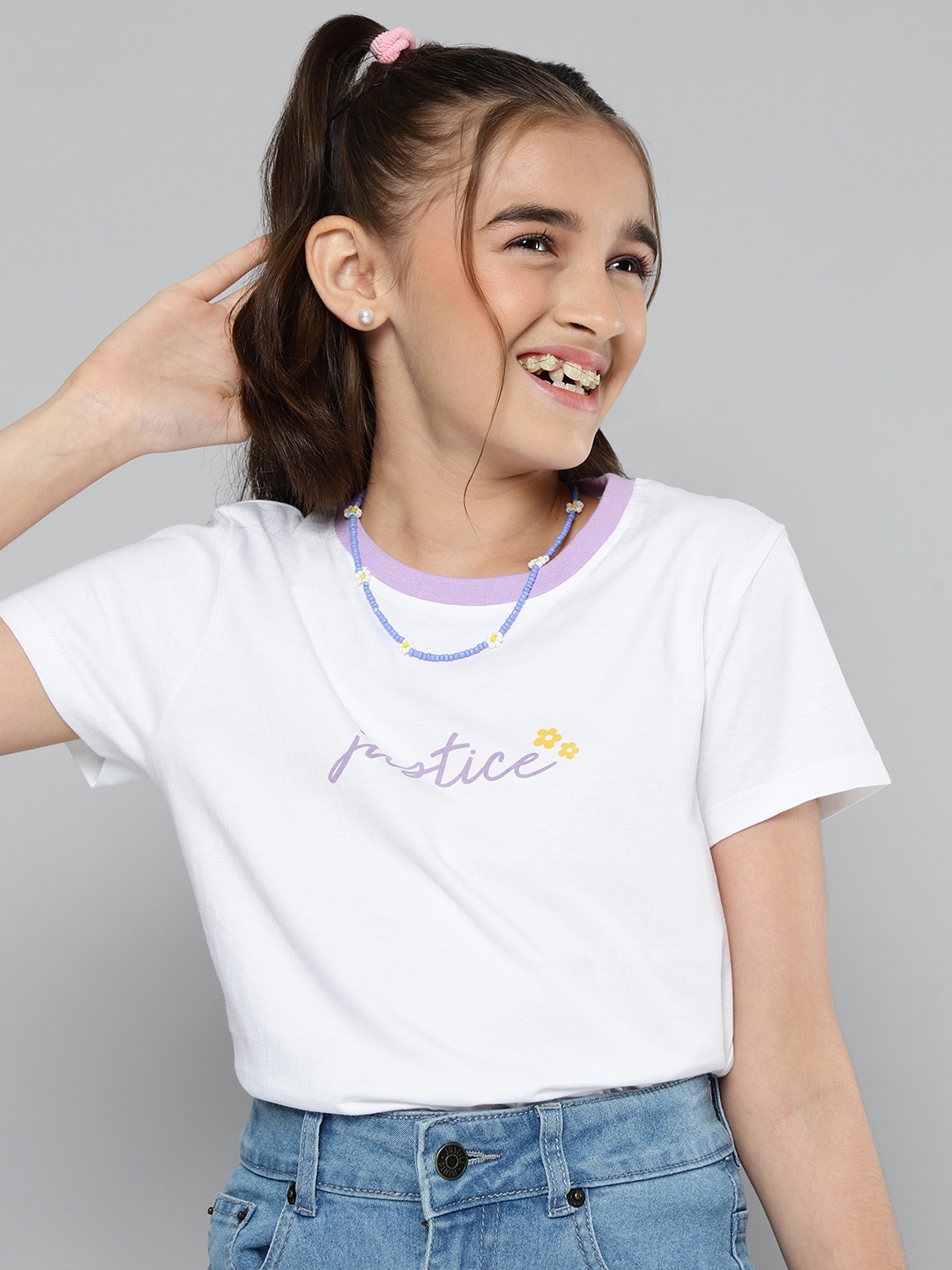 JUSTICE Girls White Brand Logo Pure Cotton T-shirt