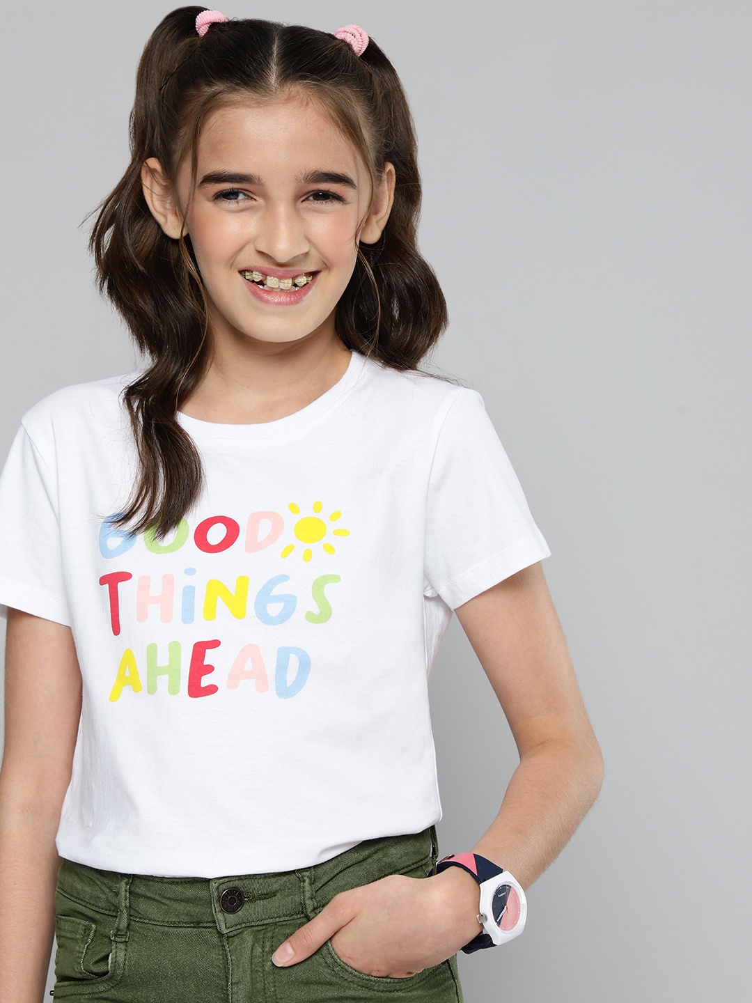 

JUSTICE Girls White Printed Pure Cotton T-shirt
