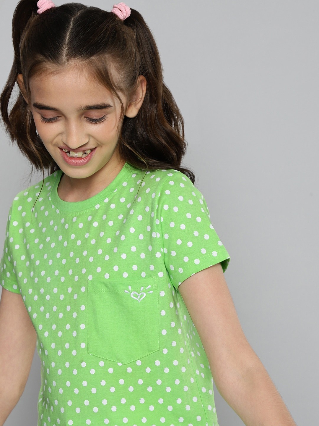 

JUSTICE Girls Green & White Polka Dot Print Round Neck Pockets Pure Cotton T-shirt
