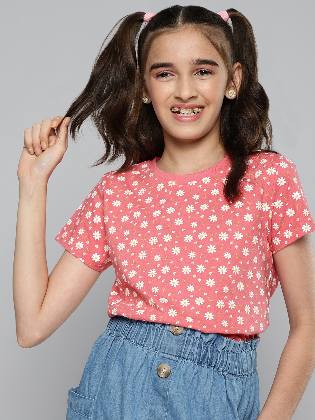 

JUSTICE Girls Coral Pink Floral Printed Pure Cotton T-shirt