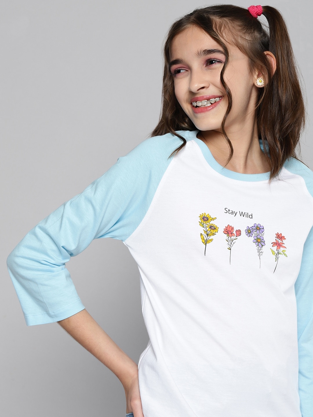 

JUSTICE Girls White & Blue Floral Colourblocked Pure Cotton T-shirt