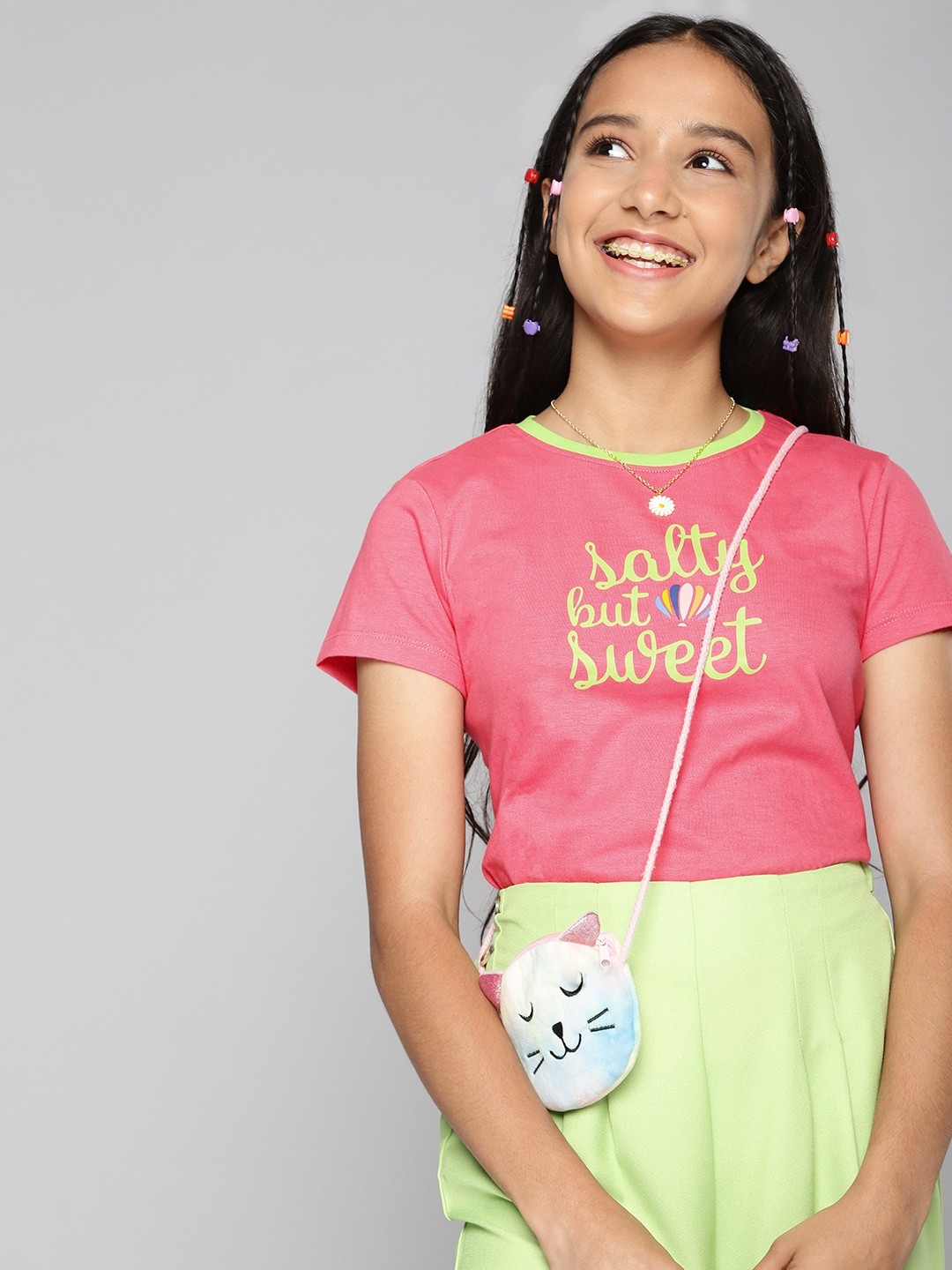 

JUSTICE Girls Coral Pink Printed Pure Cotton T-shirt
