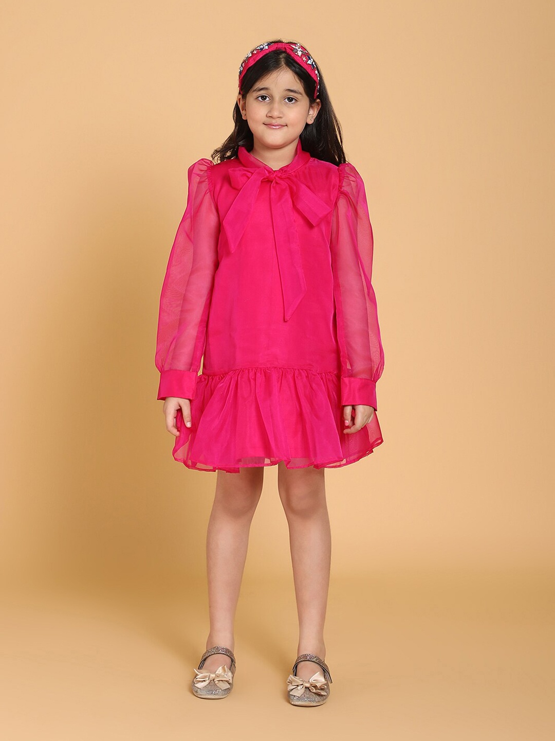 

PICCOLO Girls Pink Solid Tie-Up Neck Satin Drop-Waist Dress