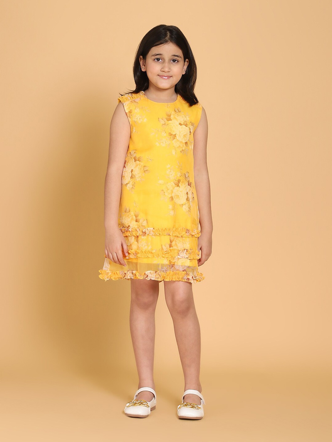 PICCOLO Girls Yellow & Beige Floral Organza A-Line Dress