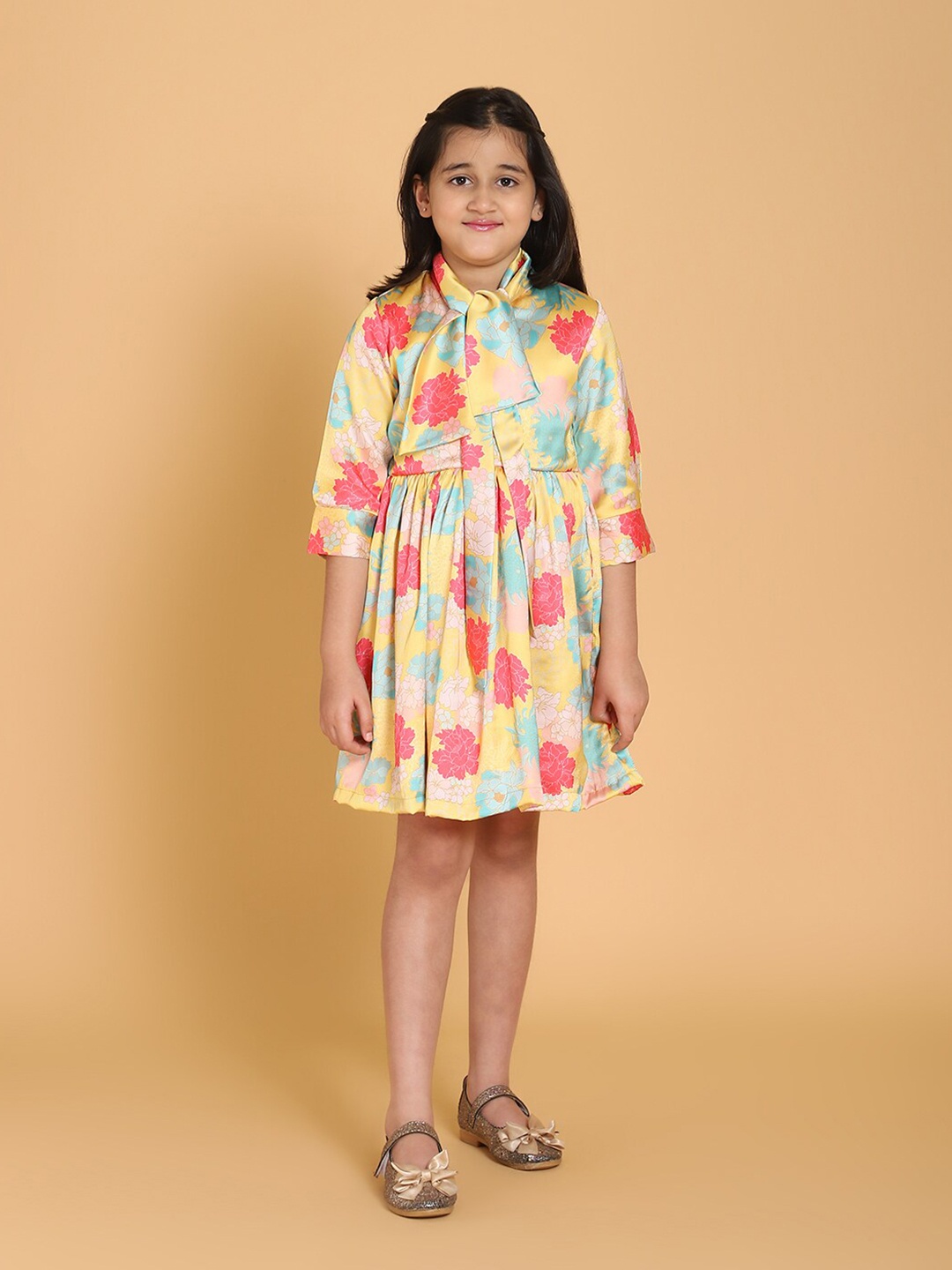 

PICCOLO Yellow & Blue Floral Print Satin Dress