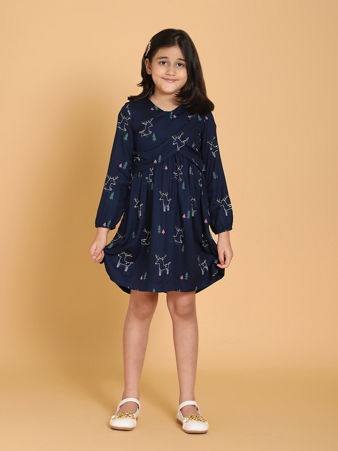 

PICCOLO Girls Navy Blue Printed A-Line Dress