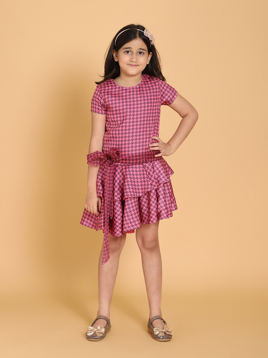 

PICCOLO Girls Mauve & Pink Geometric Printed Satin A-Line Dress