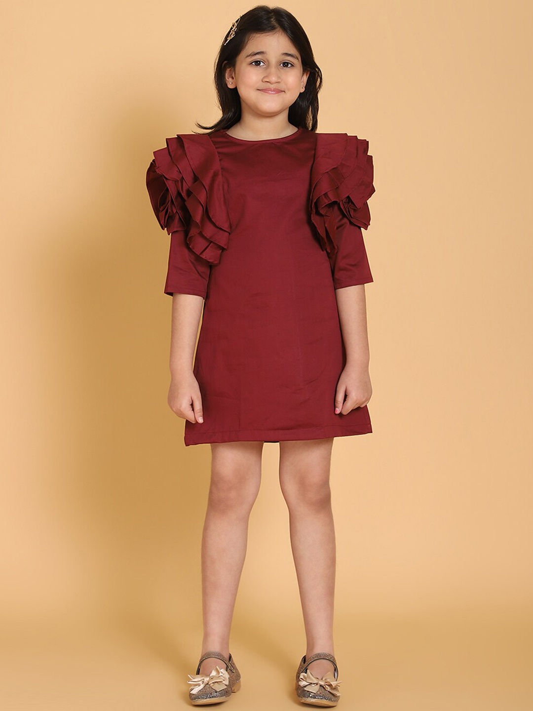 

PICCOLO Maroon Solid Satin A-Line Dress with Ruffles