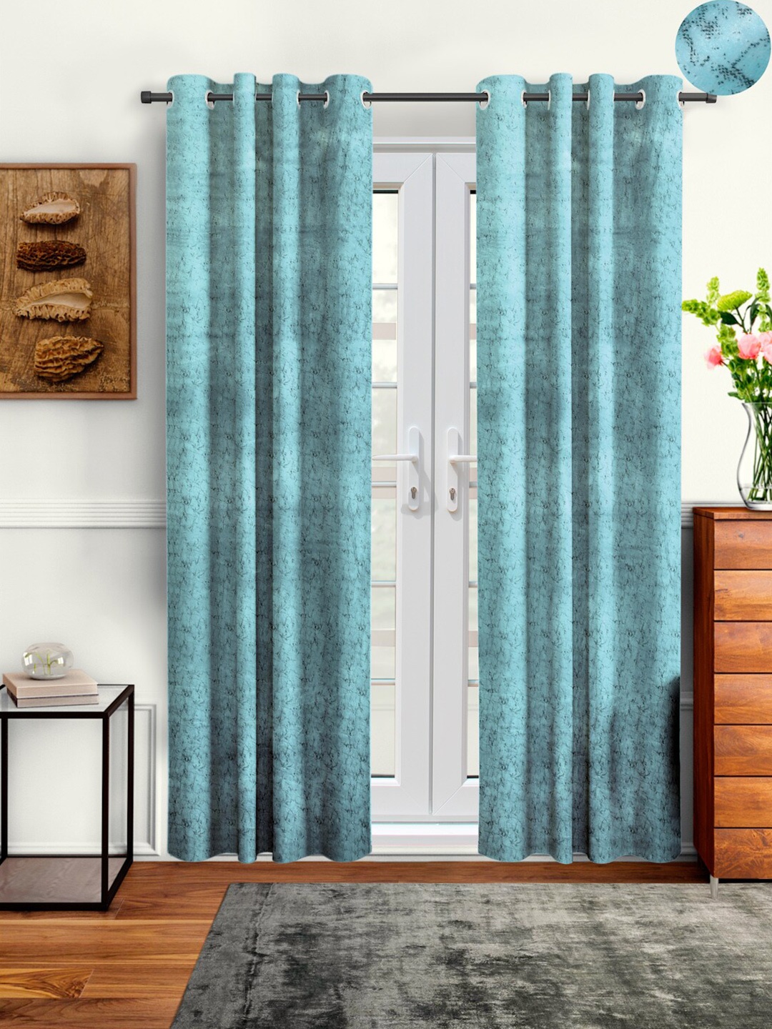 Cortina Turquoise Blue Set of 2 Abstract Room Darkening Velvet Long Door Curtains