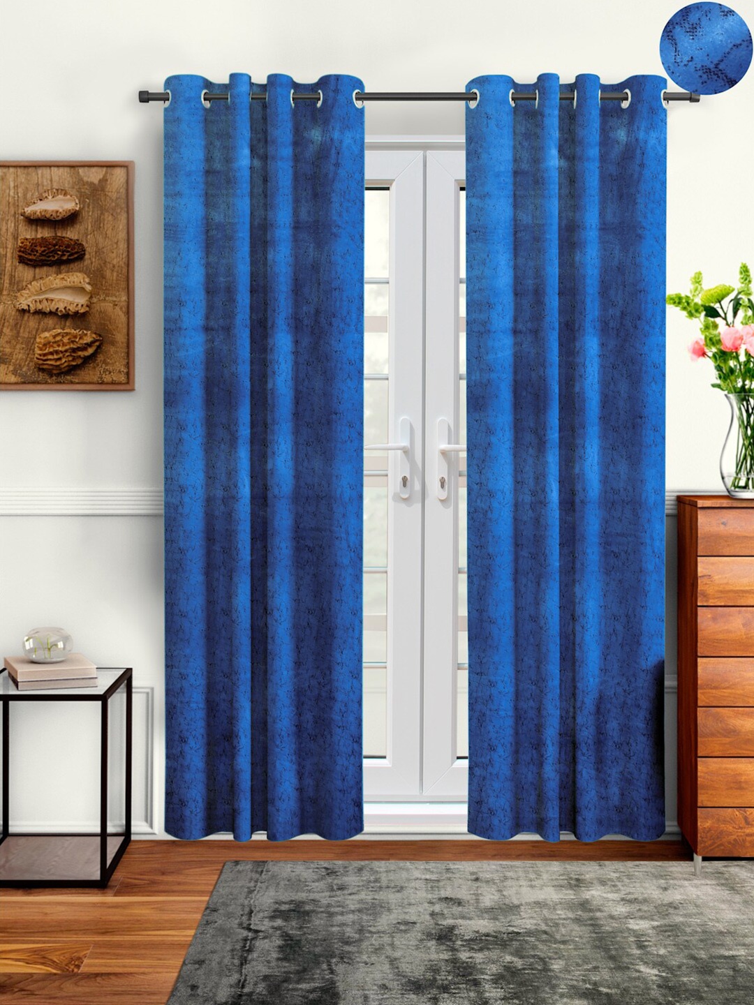 Cortina Navy Blue Set of 2 Abstract Room Darkening Velvet Long Door Curtains
