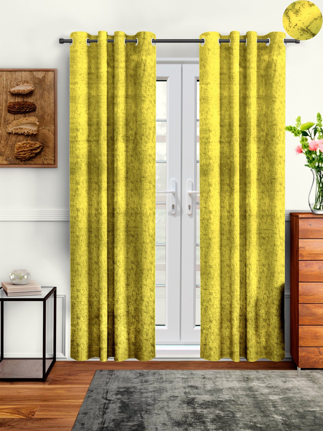 

Cortina Set Of 2 Yellow Abstract Printed Room Darkening Velvet Long Door Curtains, Beige
