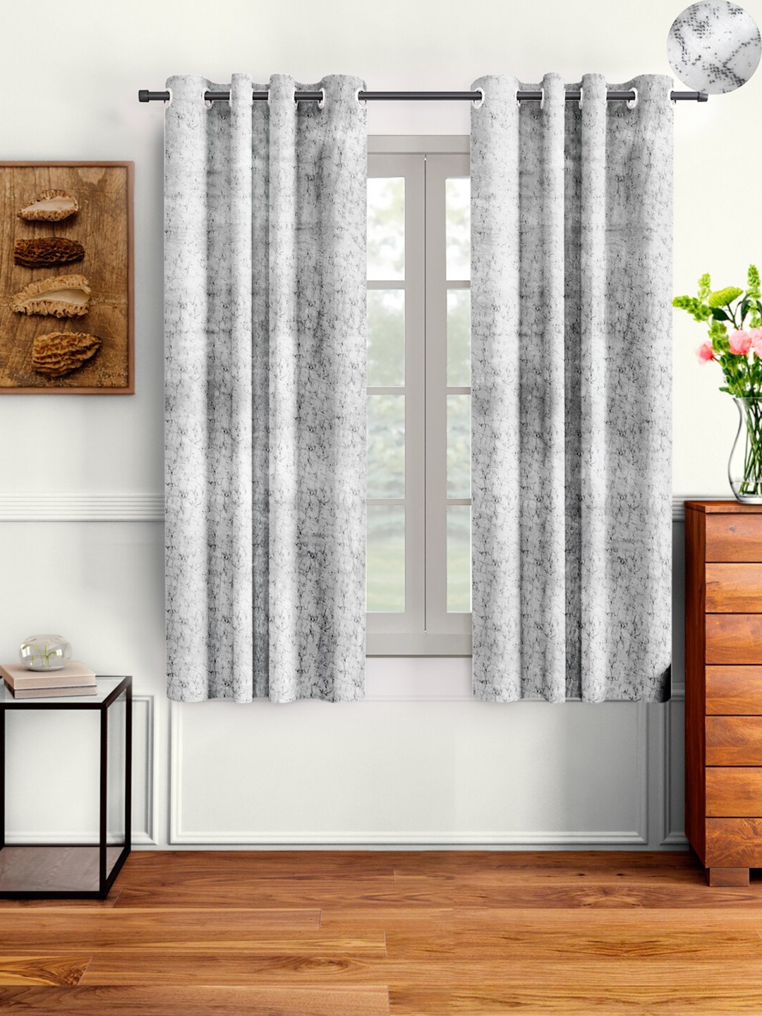 

Cortina Set Of 2 White & Grey Velvet Room Darkening Window Curtain