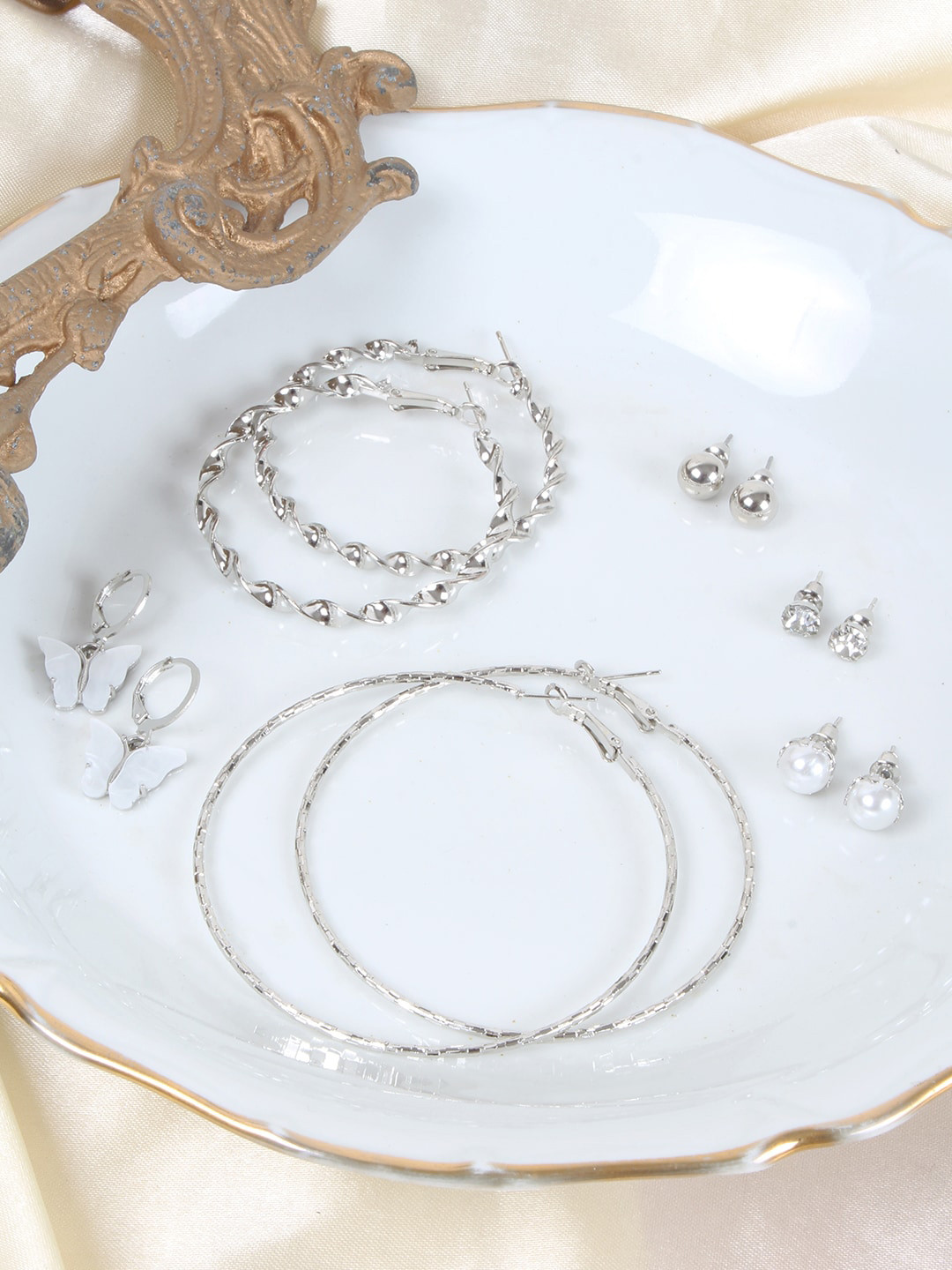 

Ayesha Set of 6 Bold Silver Pearl & Diamante Stud & Hoop Earrings