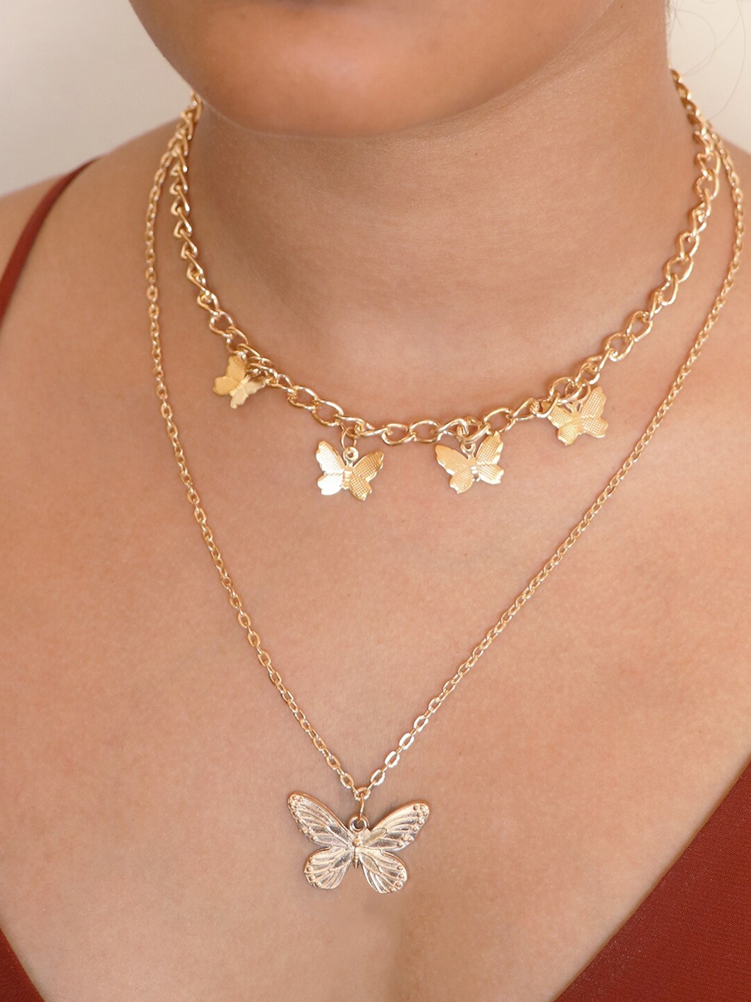 

Ayesha Women Gold-Toned Butterfly Pendant Multi Layered Necklace