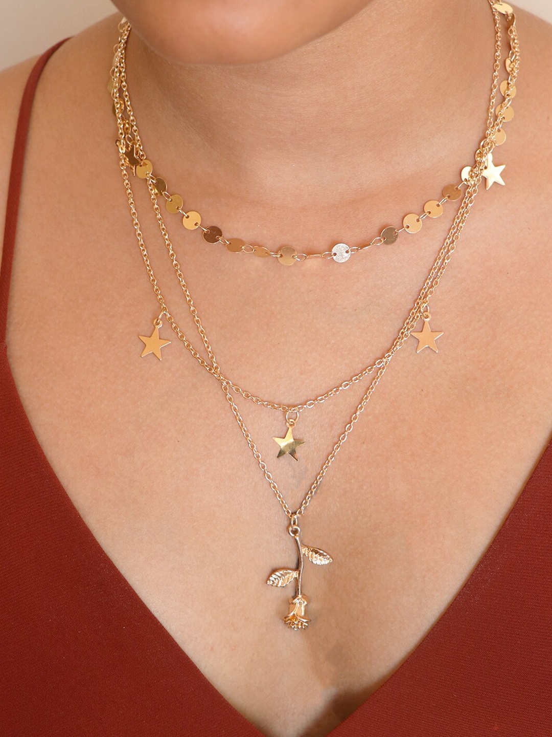

Ayesha Gold-Toned Gold-Plated Statement Rose & Star Sequin Pendant Layered Necklace
